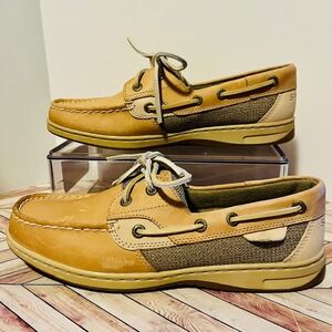 Sperry Bluefish 2 Eye Boat Shoe Linen Tan Women 8 Leather Beach Nautical 9276619